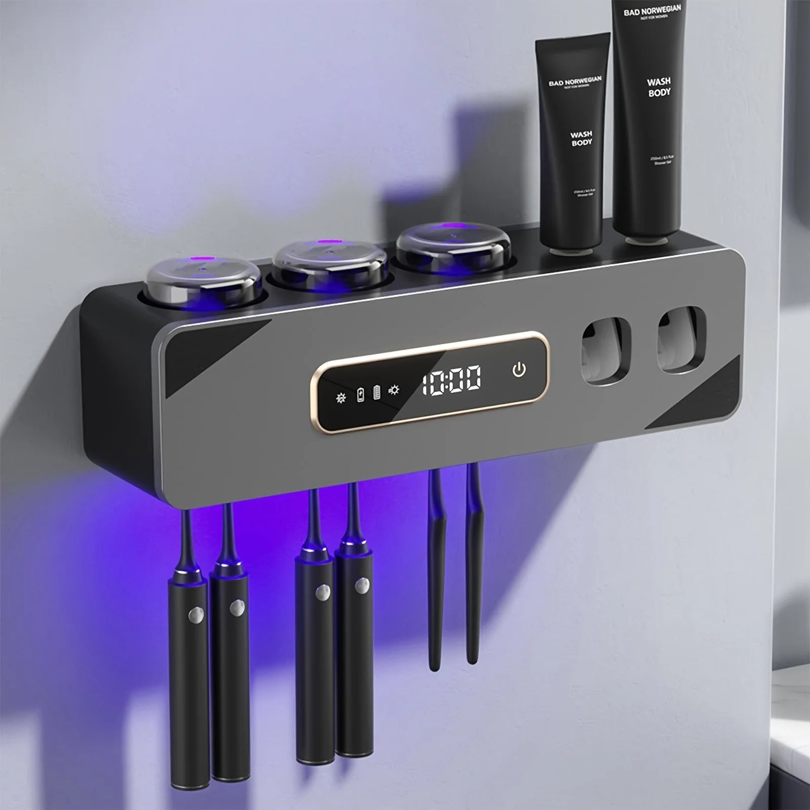 A bathroom toothbrush holder
