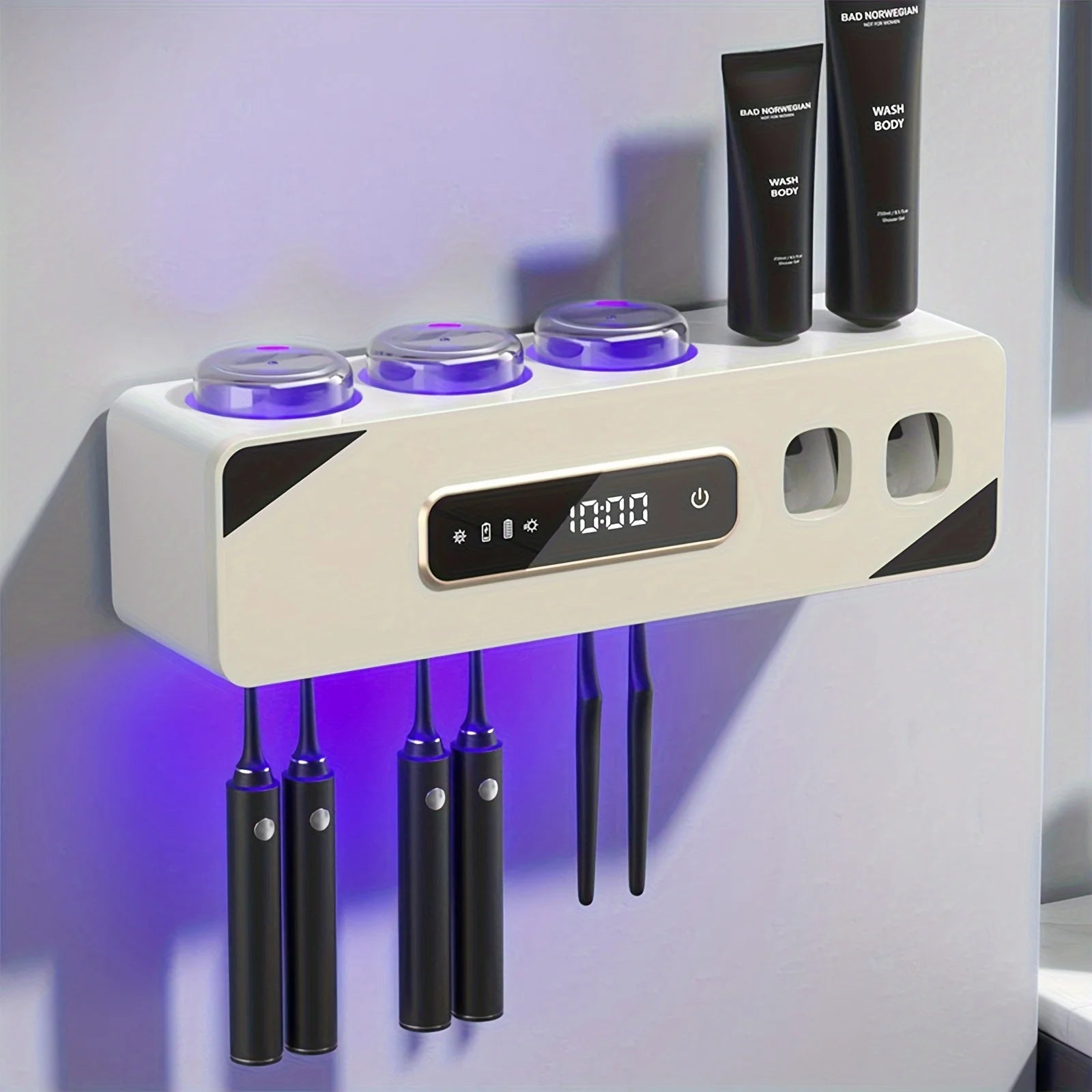 A bathroom toothbrush holder